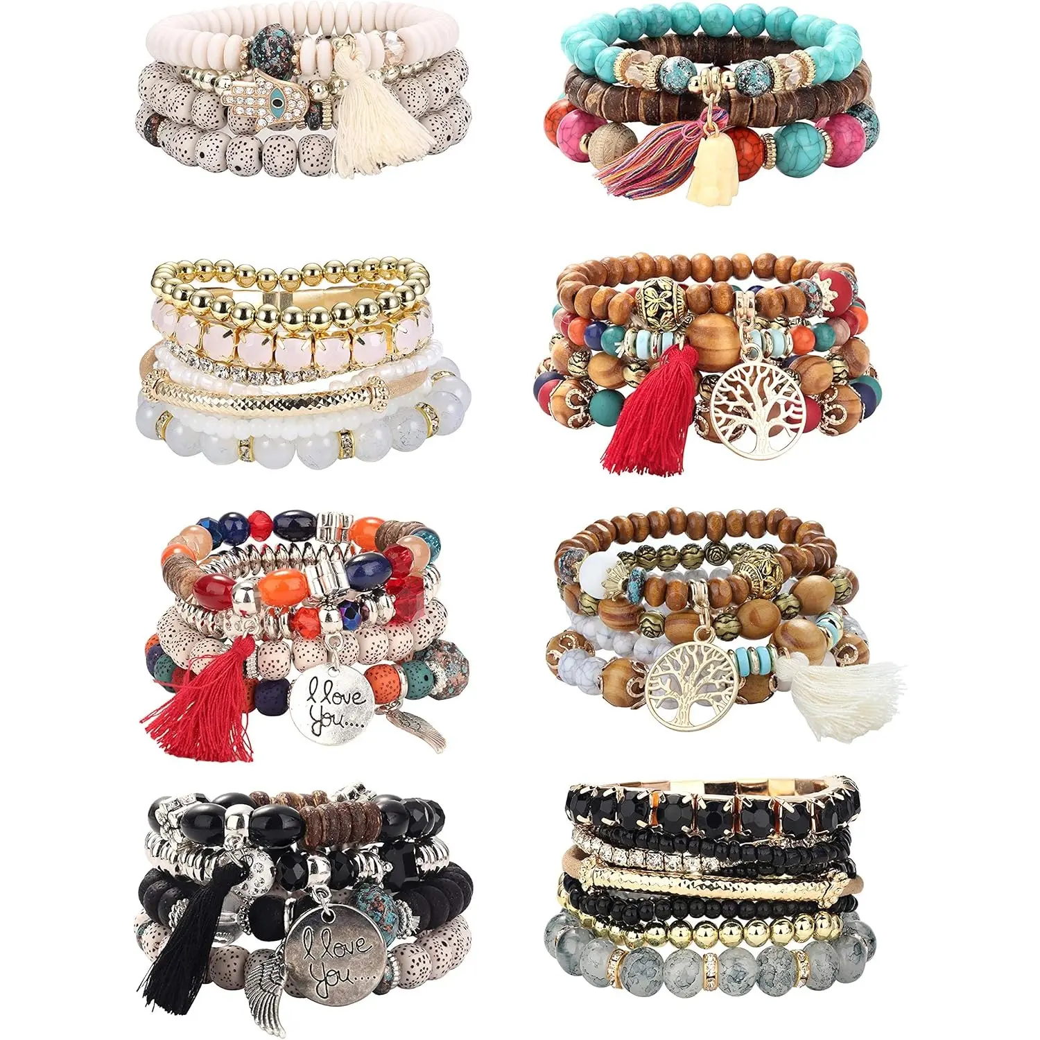 Fashionable 8 Sets Bohemian Stackable Bead Bracelets for Women Stretch Multilayered Boho Stackable Bracelets Stack Beads Multicolor Beaded Strand Bangle Charm Bracelets Boho Tassel Bracelet Set Handmade