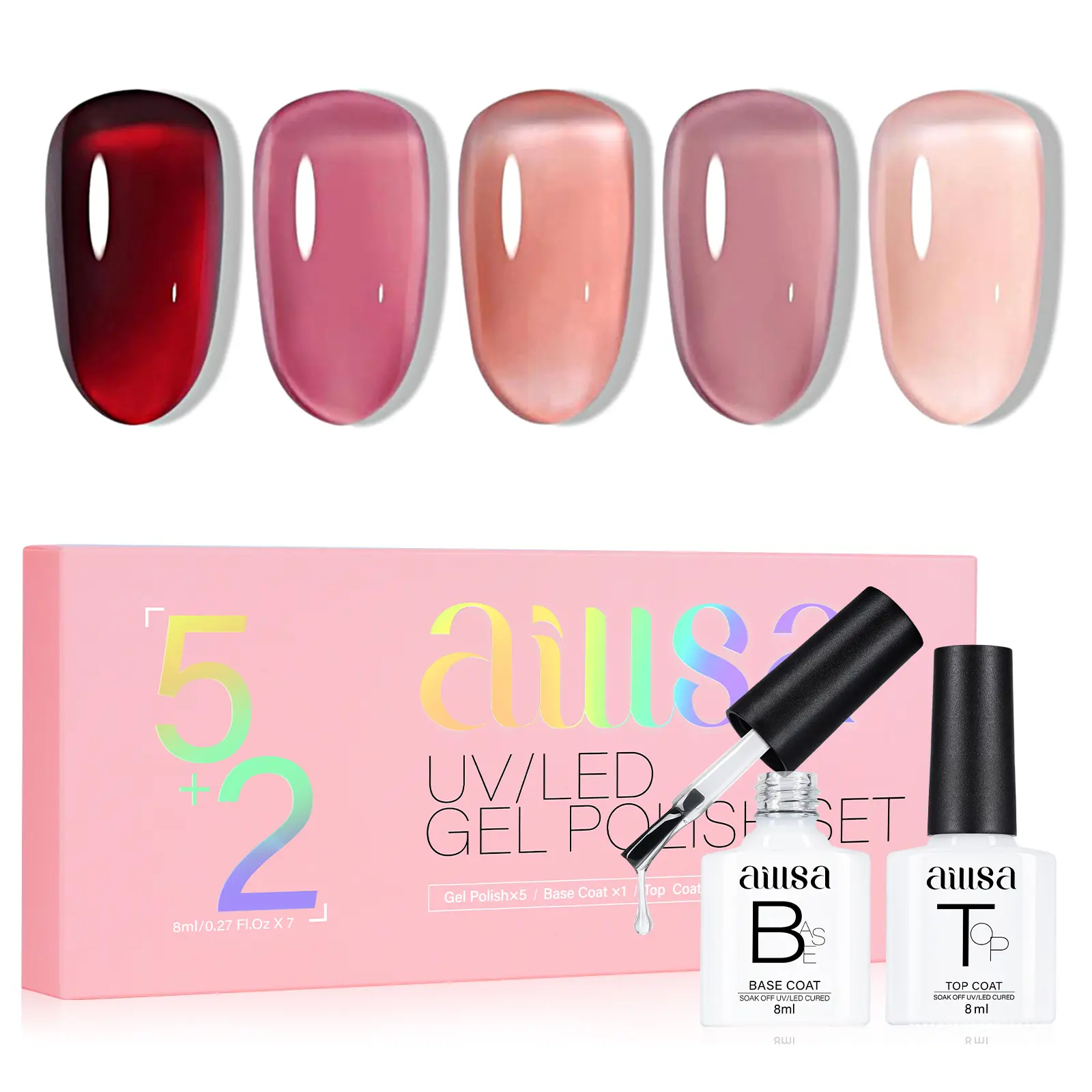 AILLSA 7-Piece Jelly Nail Polish Kit - Cosmetic Beauty Manicure Set with Burgundy, Nude, Brown Polishes, Soak-Off UV Formula, Base Coat, Shine Top Coat, Bottle, Ideal for DIY Starters, Gel X At Home, Gifting to Mom, Natural Nails Care
