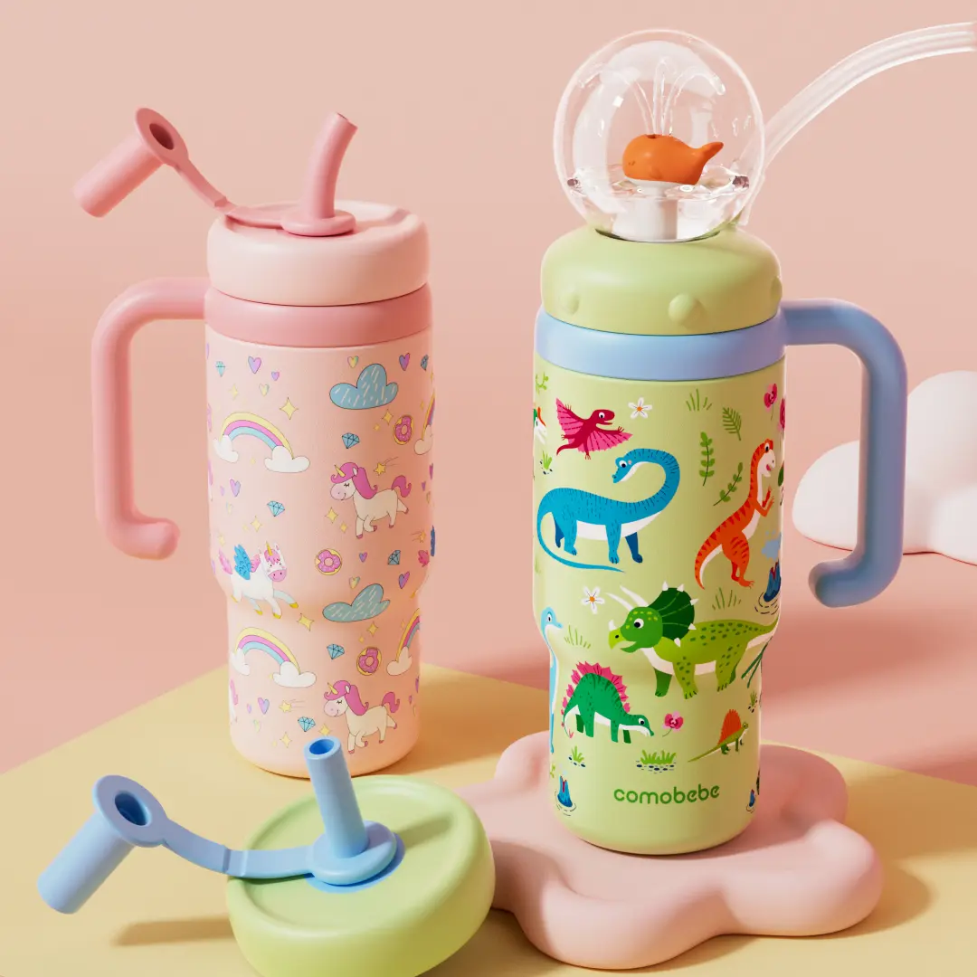 【COMOBEBE】24oz Stainless Steel Whale Fountain Tumbler – Spill-Proof, Two Lids, Dishwasher Safe, Durable Handle, Adorable Design for Everyone