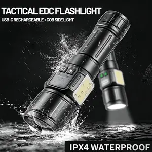 Tactical EDC Flashlight USB‑C Rechargeable Zoomable IPX4 Waterproof with COB Light for Camping Emergency Outdoor