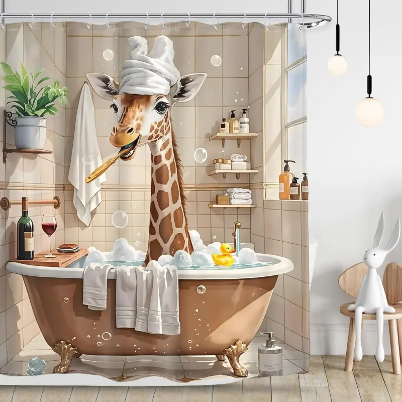 Funny Giraffe Decorative Shower Curtain, Tropical African Wildlife Cute Animal Bubble Brushing Teeth in The Bathtub Bathroom 72Wx72H Inches Bath Accessories Art Home Decor Fabric 12 Pack Hook