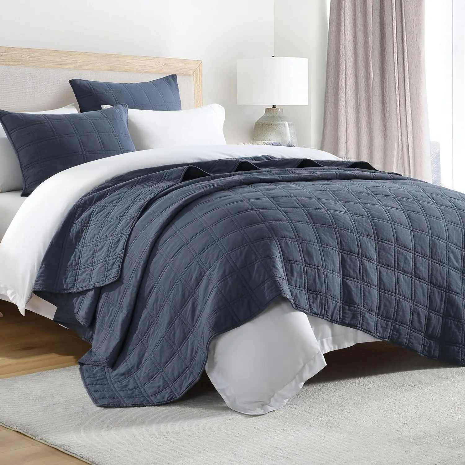 Queen Size 100% Cotton Quilt Set - Denim Blue Pre-Washed Geometric Pattern Coverlet Set, Cozy Lightweight Stitched Decorative Bedding with 2 Shams for All Seasons
