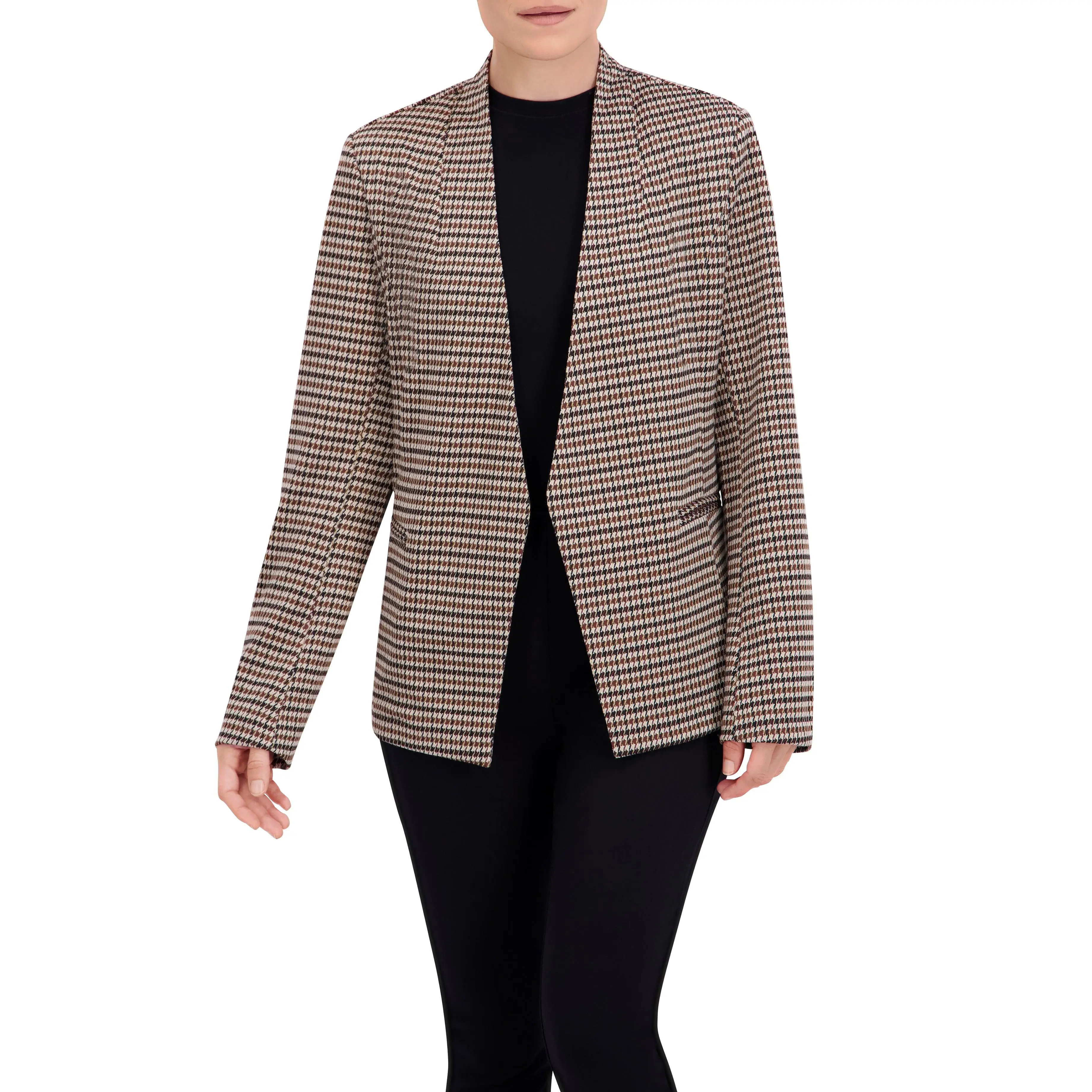 Collarless Open Front Menswear Plaid Unlined Blazer