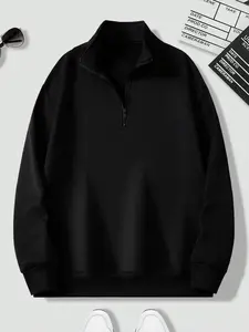 New Men's Solid Color Half-Zip Stand Collar Sweatshirt, Loose Fit Casual Long Sleeve, Ribbed Cuffs and Hem, Spring & Fall Fashion, Tops