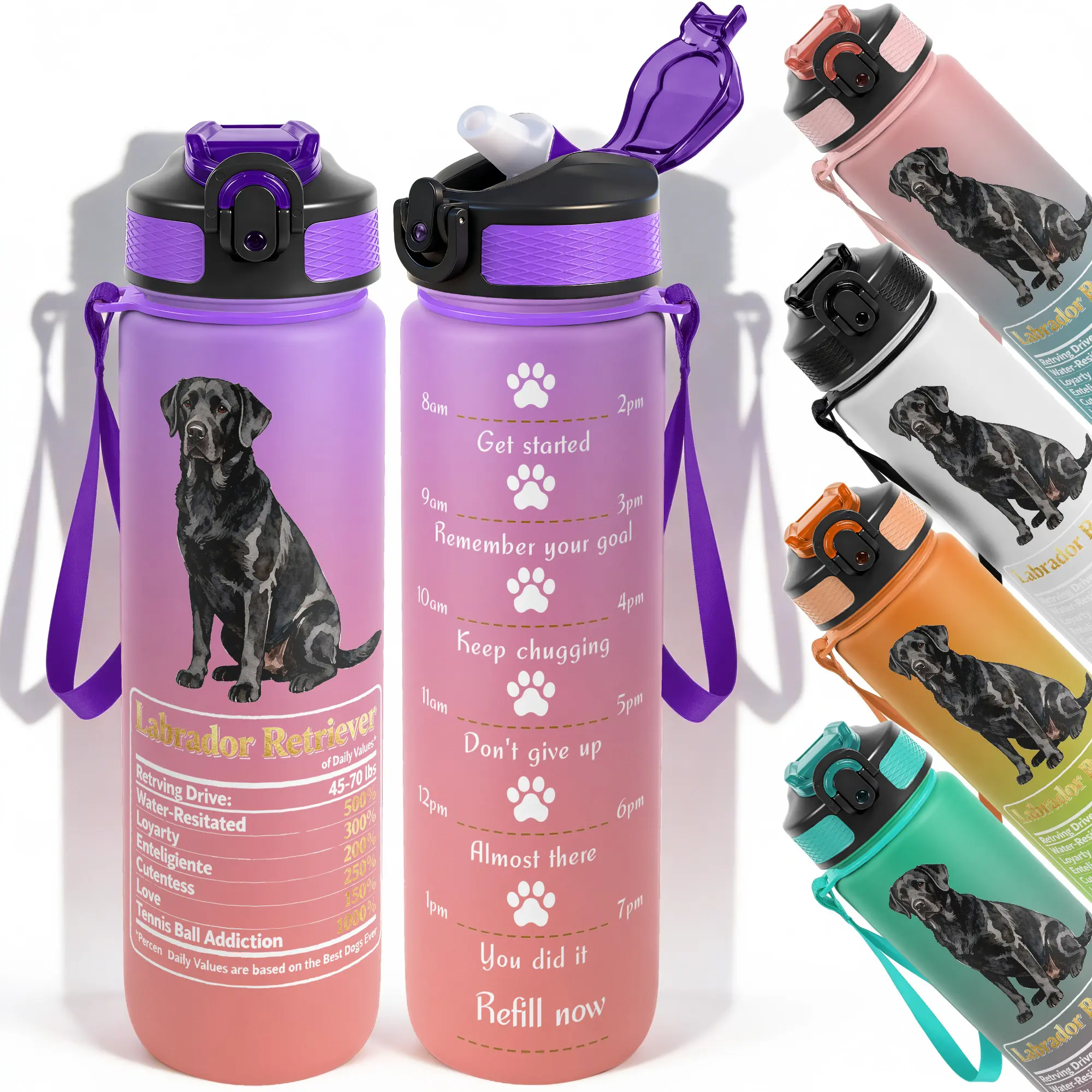 1pc,32oz Water Bottle Black Labrador Retriever Dog Design Durable Portable Leak-Proof 1000ml Time Marker Water Bottle - Shatter-Resistant for Sports, Fitness, Hiking & Outdoor Travel - Large Capacity, Reusable Water Bottles