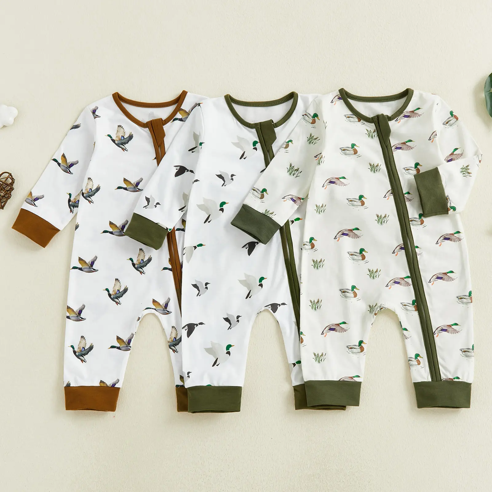 Babamoon Newborn Baby Boys Spring Hunting Romper Mallard Duck Print Long Sleeve Round Neck Zip Jumpsuit for Boys and Girls 0-18 Months