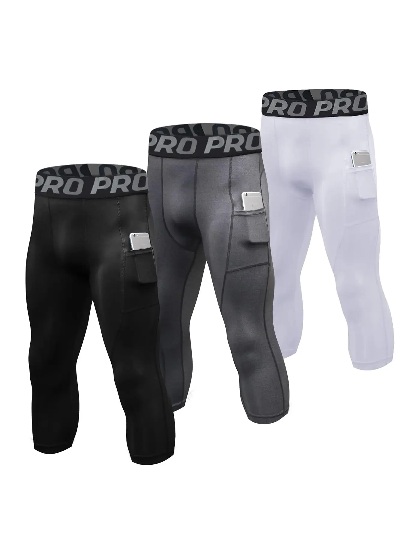 PRO Men's 3-Pack High Waist 3/4 Capri Compression Leggings - Quick Dry Sport Tights with Letter Tape Pocket for Weight Training, Biking, Running Gym Activewear
