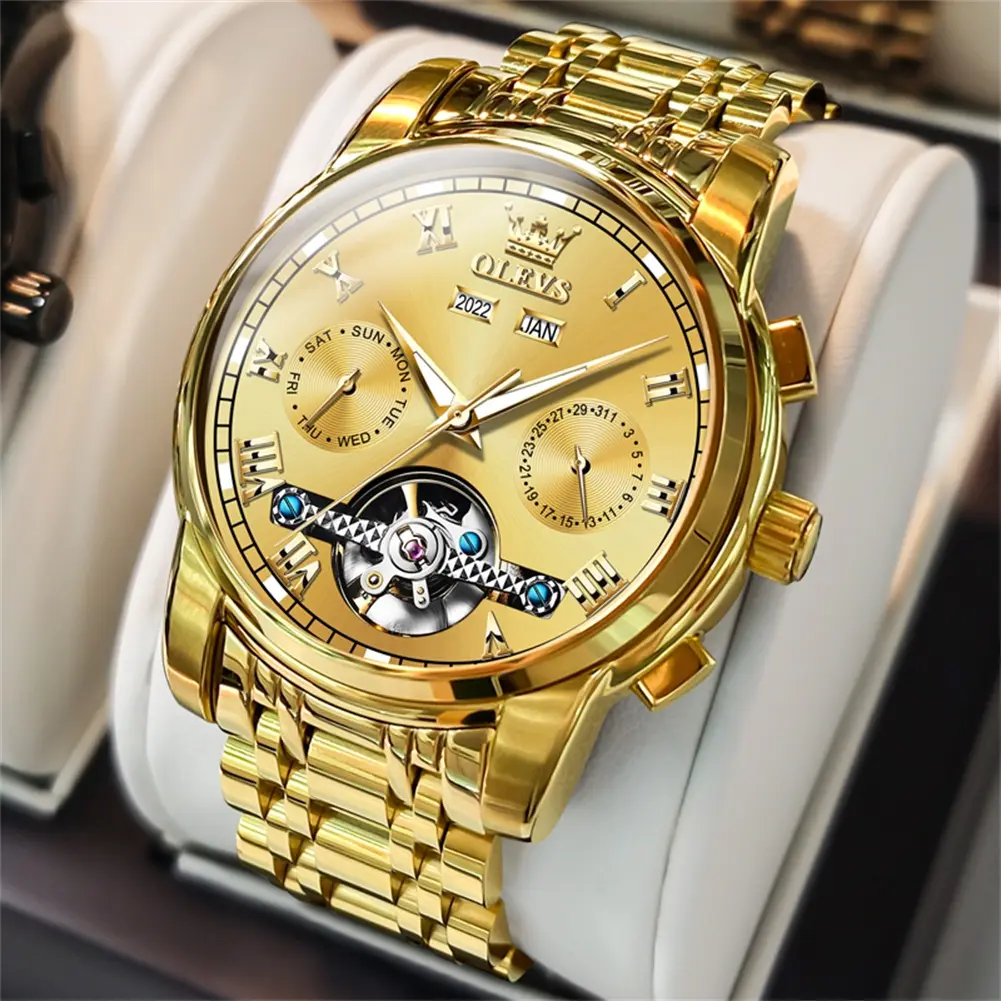 [FBT 3-Day Shipping] OLEVS Men's Classic Luxury Wristwatches Quartz & Automatic Self Winding Stainless Steel Band Waterproof Luminous Multi-Function Chronograph Dial Fashion Dress Clock Ideal Anniversary Birthday Gift for Men
