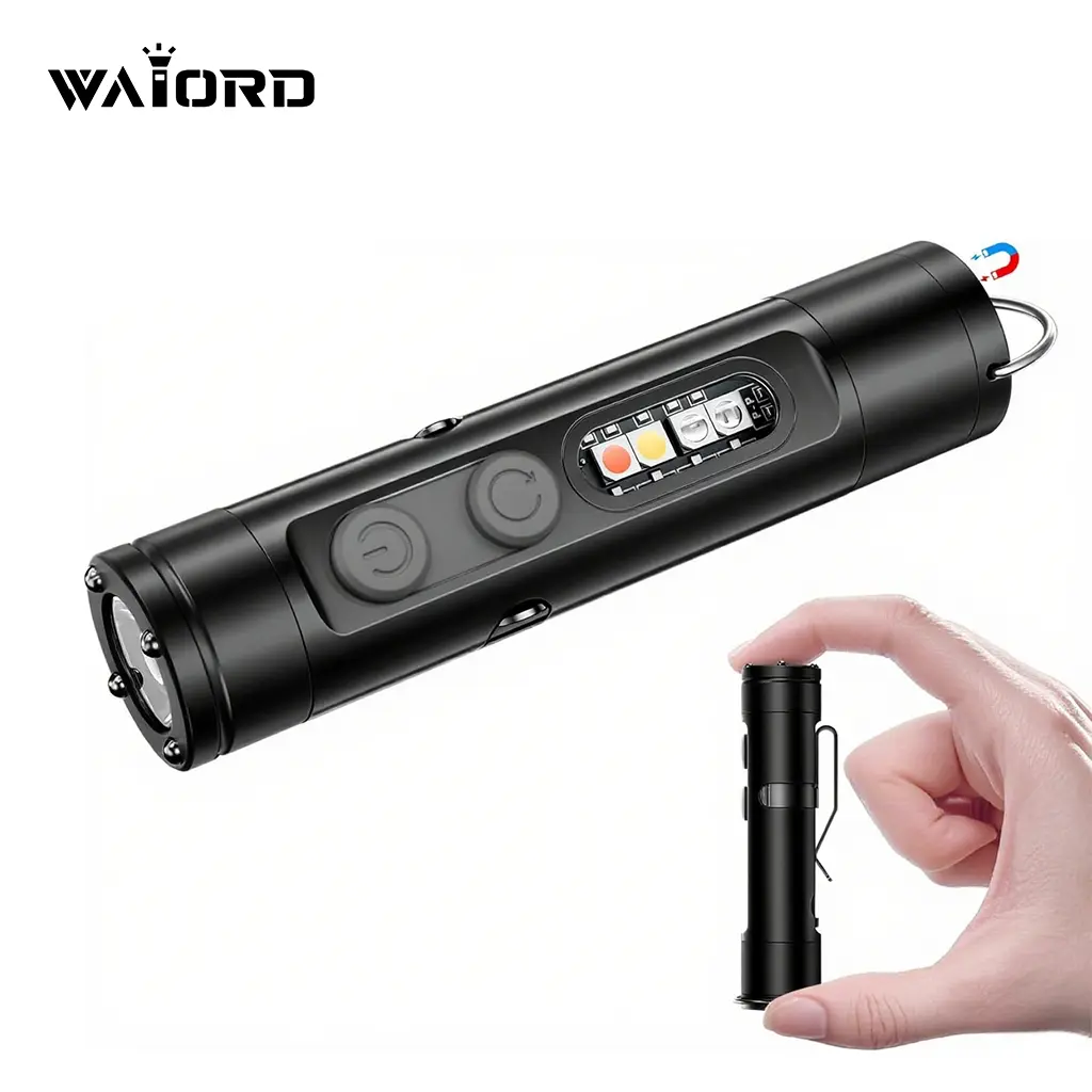 WAIORD K2 EDC Flashlight,500 Lumens, USB-C Rechargeable,Magnetic Base, 3 Color Sidelights, Red-Blue Strobe, Pocket  Flashlight,Fire Starter, Window Breaker, for Outdoor Camping, Emergency, Everyday Carry,Mini Keychain Light