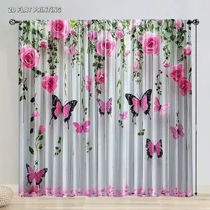 Butterfly & Rose Curtain Set, 2-Piece Drapes, No Rod Needed, Outdoor Decor, Home Decoration Curtain, Bedroom Living Room Kitchen Study