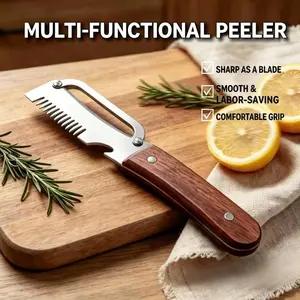 NORNA Wooden-Handled Vegetable & Fruit Peeler & Green Onion Slicer - Stainless Steel Blade with Built-In Bottle Opener, Ergonomic Kitchen Tool