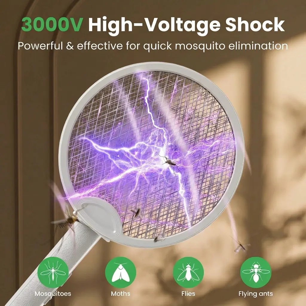 Foldable Electric Fly Swatter Racket 3000V, USB Rechargeable Bug Zapper with Purple Attractant Light, 1200mAh Portable Handheld Mosquito Killer - Kills Mosquitoes, Flies, Gnats, Wasps, Fruit Flies for Indoor Home, Backyard, Patio, Camping