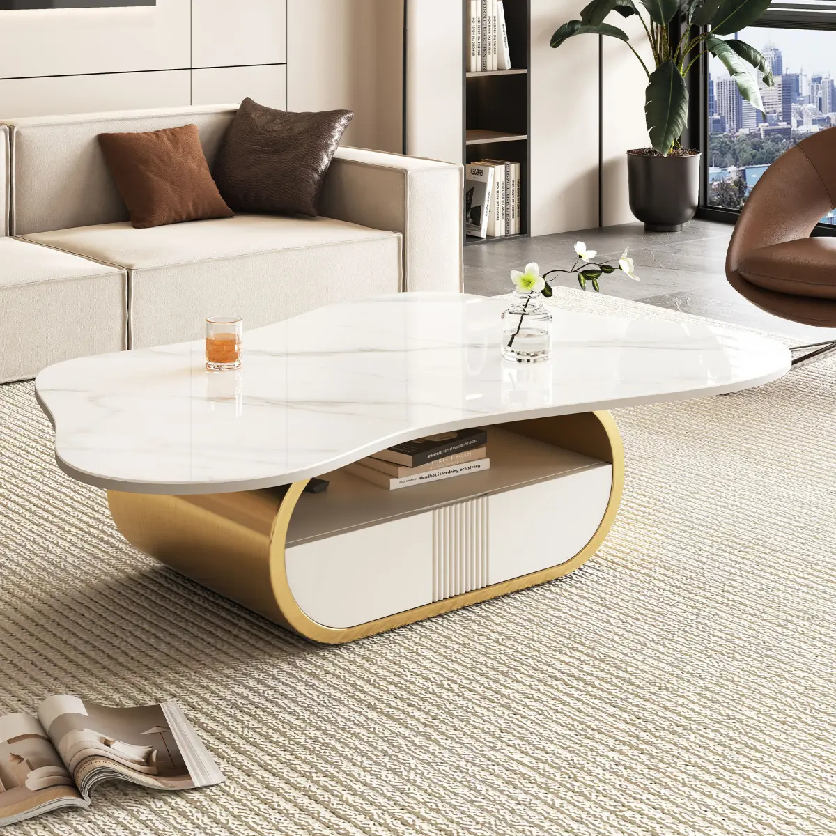 [Bellemave] Modern Butterfly Coffee Table with Sintered Stone Top, Oval Center Table with Storage Shelf & Drawer, Stainless Steel Base & MDF Cabinet