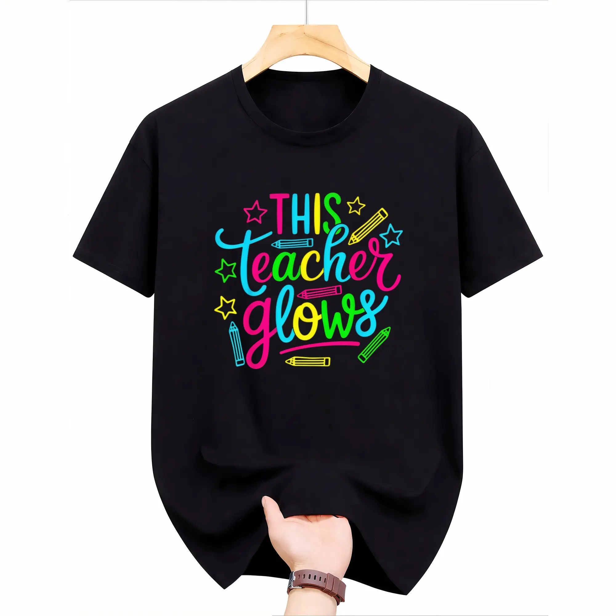 Glow-in-the-Dark Neon Teacher T-Shirt - 80s 90s Retro Glow Up Party Outfit, Glowable for all-Season, Loose Fit Round Neck Tee for Men Themed Events & Parties - Nostalgic Glowtooth suitable for teachers