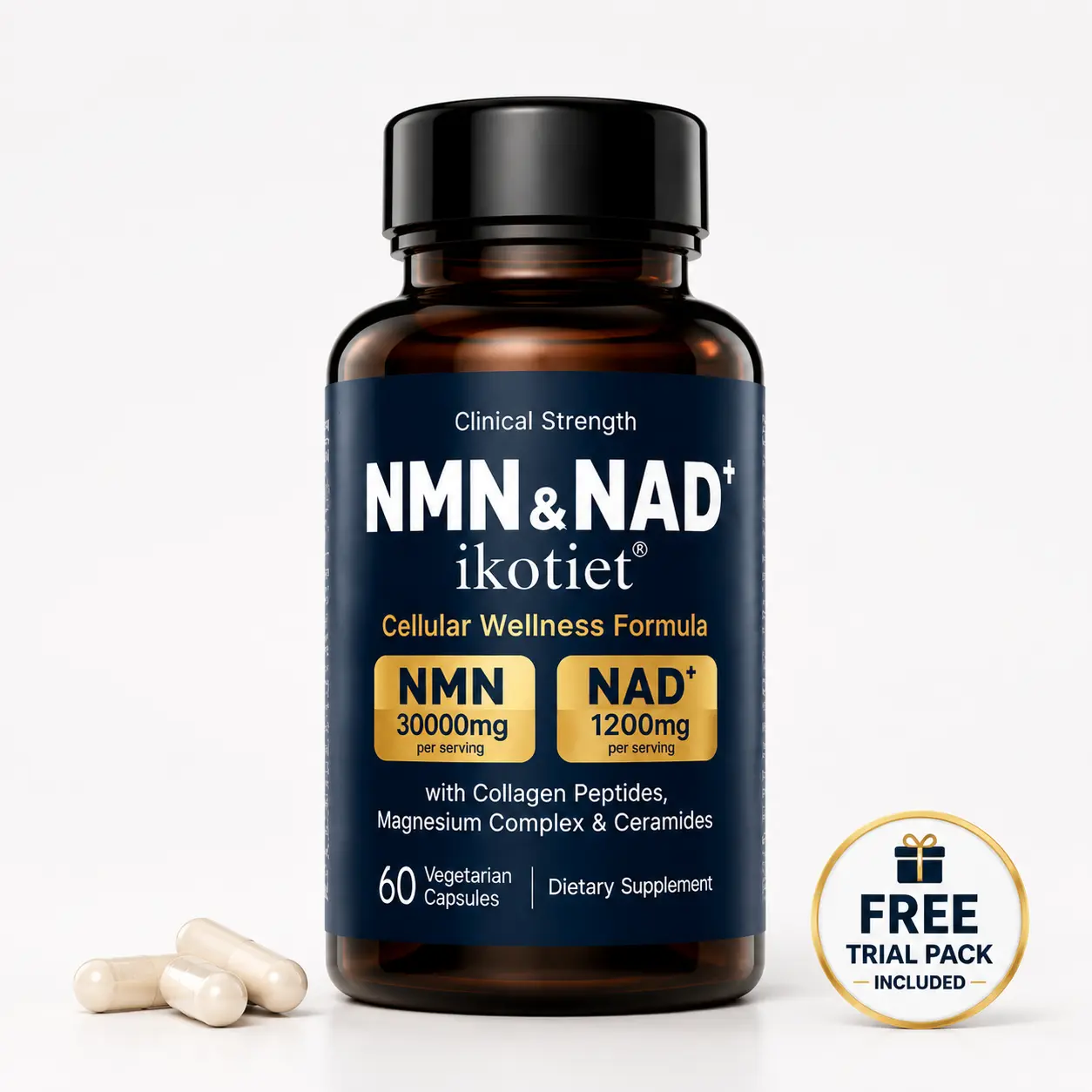 IKOTIET NMN Supplement with NAD+ Capsules | 30000mg NMN + 1200mg NAD+ Cellular Wellness Formula | Collagen Peptides, Magnesium & Ceramides Daily Support | Longevity Supplement for Women and Men | Vegan Gluten Free | 60 Capsules + Free Trial Pack