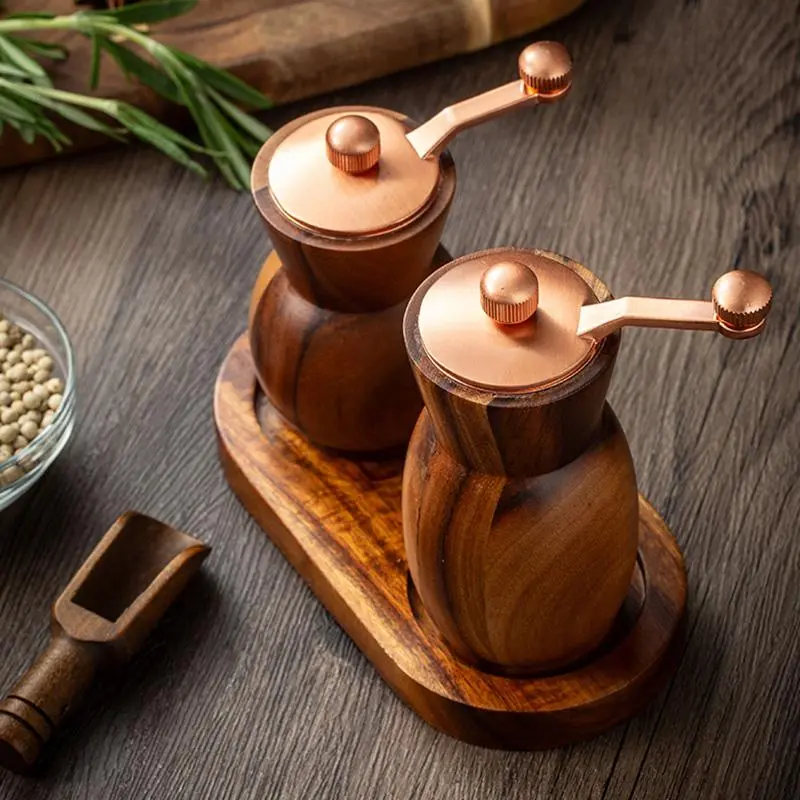 Wooden Manual Pepper Grinder, 1 Set Hand Crank Spice Grinder with Base, Refillable Salt & Pepper Mill With Adjustable Coarseness, Cooking Kitchen Seasoning Utensils, Salt Pepper Shakers, Kitchen Gadgets, Kitchenware
