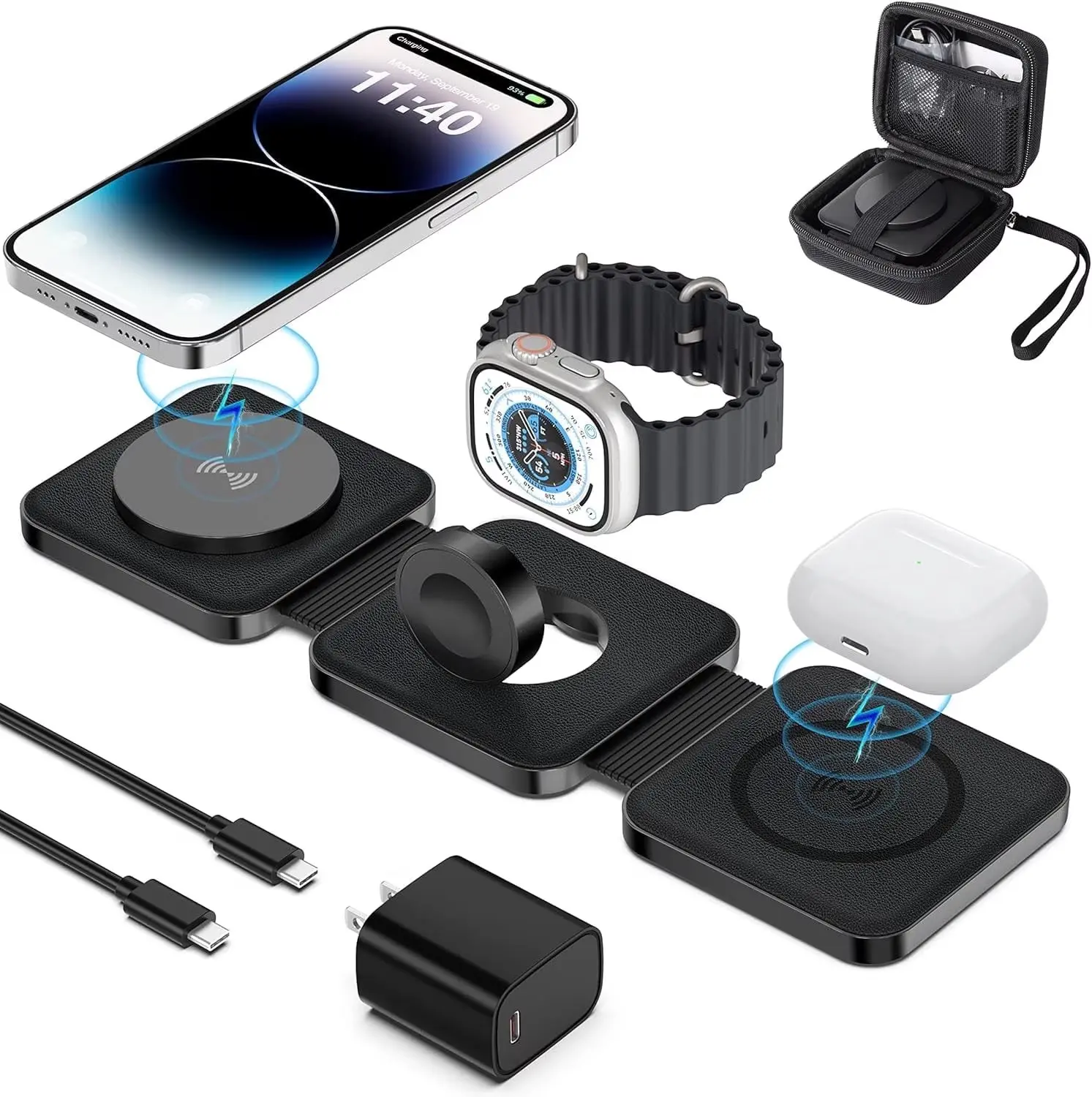 3 in 1 Foldable Wireless Charger Station for Apple Devices, Fast Charging for iPhone 14/13/12 Pro Max, Apple Watch Ultra/SE/Series 8/7/6/5/4/3/2, AirPods Pro/3/2, with 20W Adapter & Travel Case, Adjustable Phone Stand  tiktokshopbacktoschool
