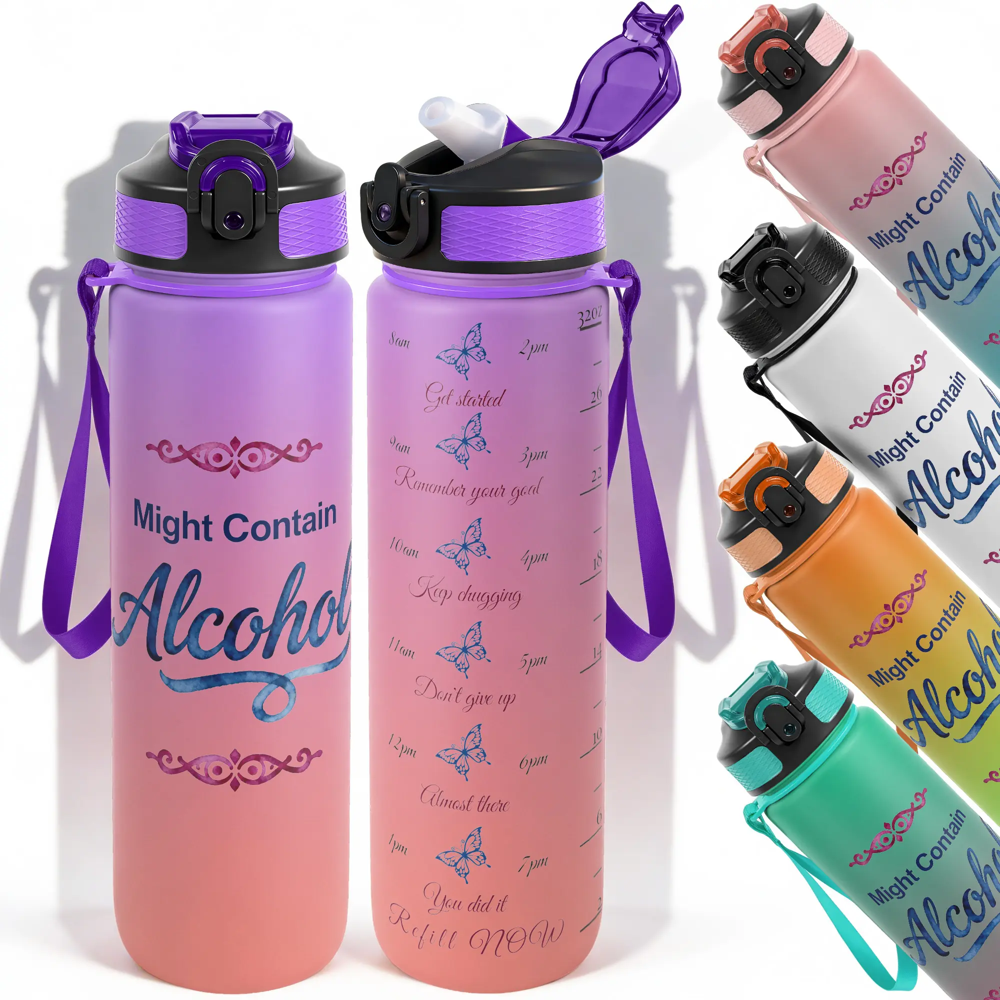 1pc,32oz Leakproof Water Bottle Alcohol Butterfly Design Design Durable  Leak-Proof 1000ml Time Marker Water Bottle - Shatter-Resistant for Sports, Fitness, Hiking & Outdoor Travel - Large Capacity, Ideal Sports Drinking Bottle Portable Drinking Bottle