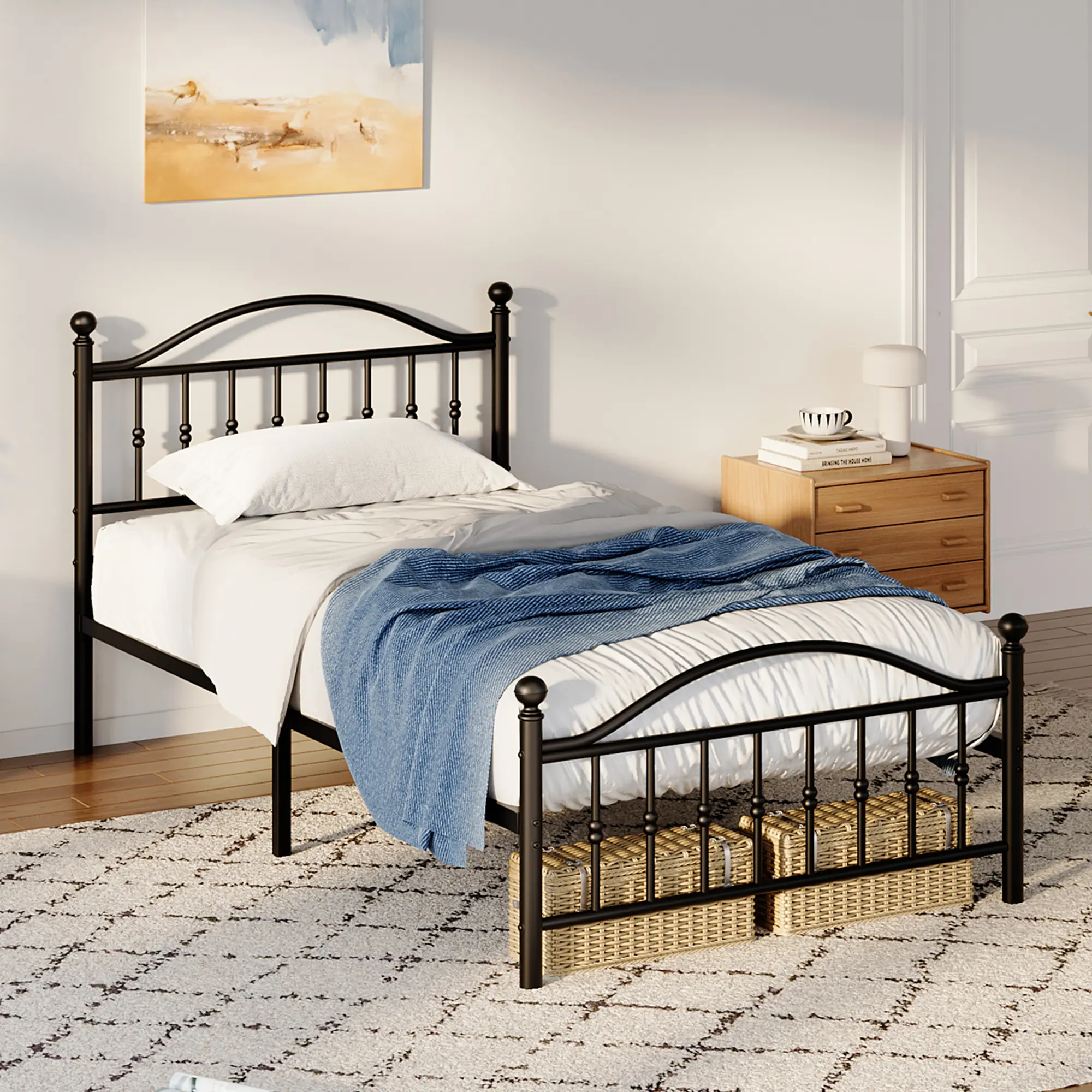 YJ-Heavy-Duty Iron Platform Bed,12.6 Inch Metal Bed Frame with Vintage Circular Headboard & Footboard,  Noise-Free, Easy Assembly, No Box Spring Needed, Black