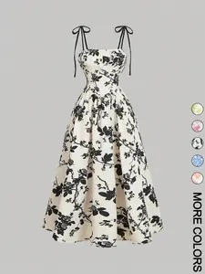 Women's Floral Print Tie Shoulder Cami Dress, Fashion Casual Sleeveless Spaghetti Strap Dress for Daily Outdoor Wear, Women Dress for Summer