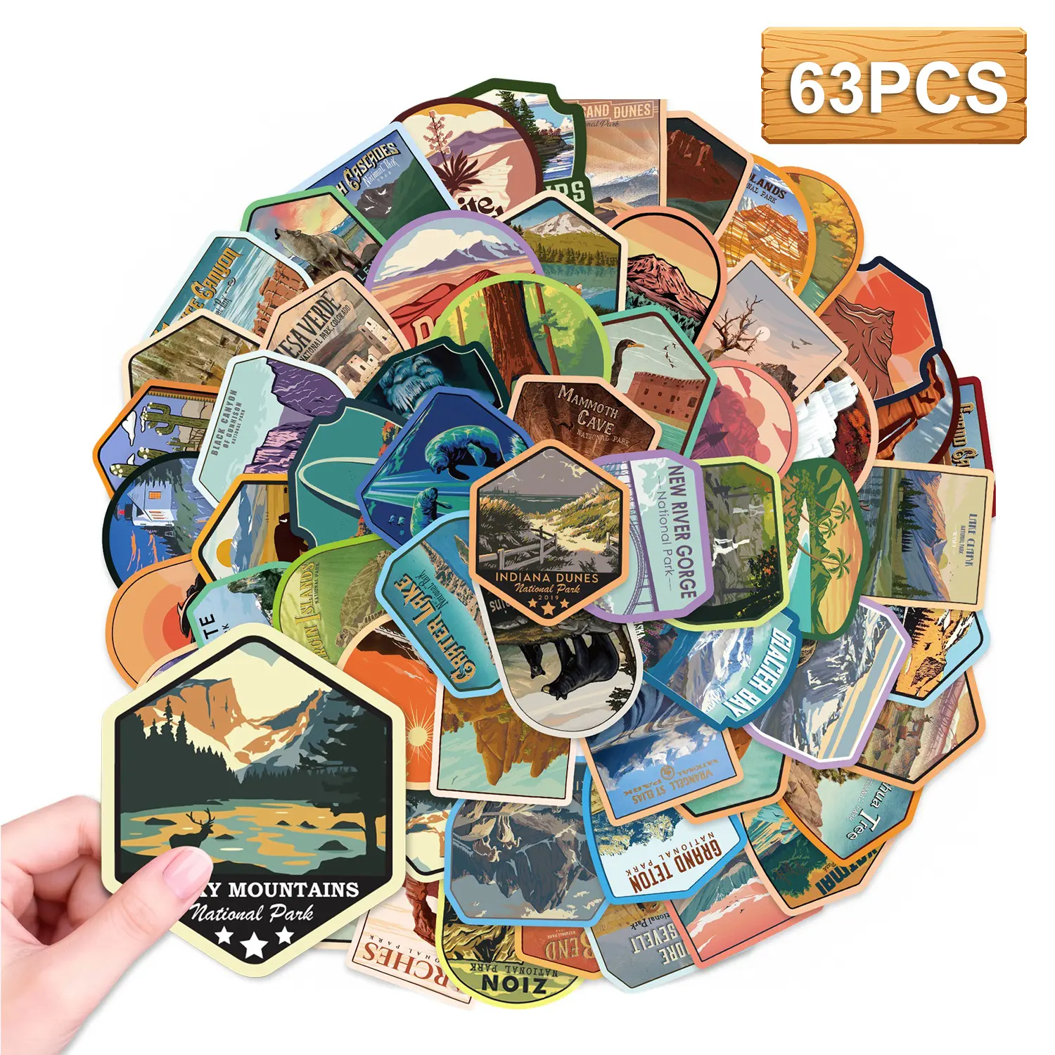 DABATR 63PCS National Parks Sticker Pack, Outdoor Nature Camping Hiking Inspired Waterproof Vinyl Decals for Water Bottles Laptop Car, Mountains Travel Adventure Parks Sticker