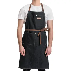Denim Work Apron with 3 Pockets Jean Shop Aprons for Chef Hairstylist Kitchen Woodworking for Men Women Blue Black