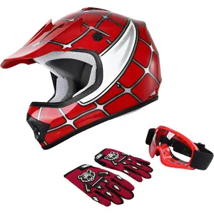 Youth Motocross Offroad Street Dirt Bike Helmet Youth Motorcycle ATV Helmet with Goggles Gloves Red Spider M