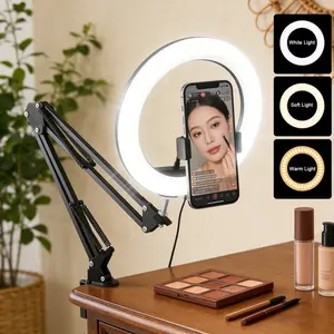 1pc LED Smart Ring Light Phone Holder with Three Color Options, Height Adjustable, 10Level Brightness, Dimmable LED Circle Round Light for Selfie Camera Photography/Makeup, Camera Accessories, Tripod Light, Camera Stand