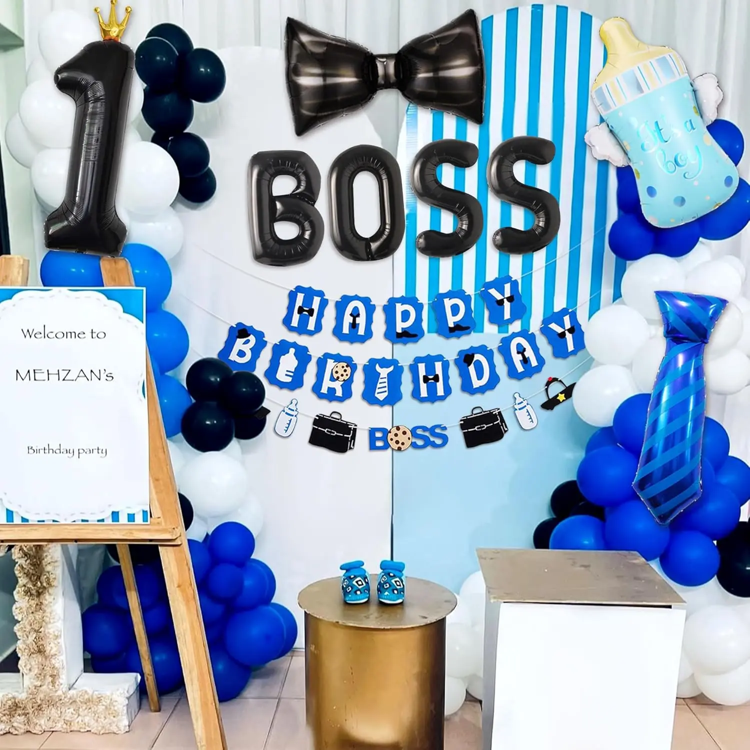 Boss 1st Birthday Party Decoration Kit, Including Happy Birthday Banner, Balloon Bow Tie, and 1st Foil Balloons for Party Favor Supplies Colorful Magical