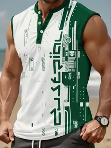 Men's Casual Sporty Knit Letter & Polka Dot Print Button Up V-Neck Vest Men Sleeveless
