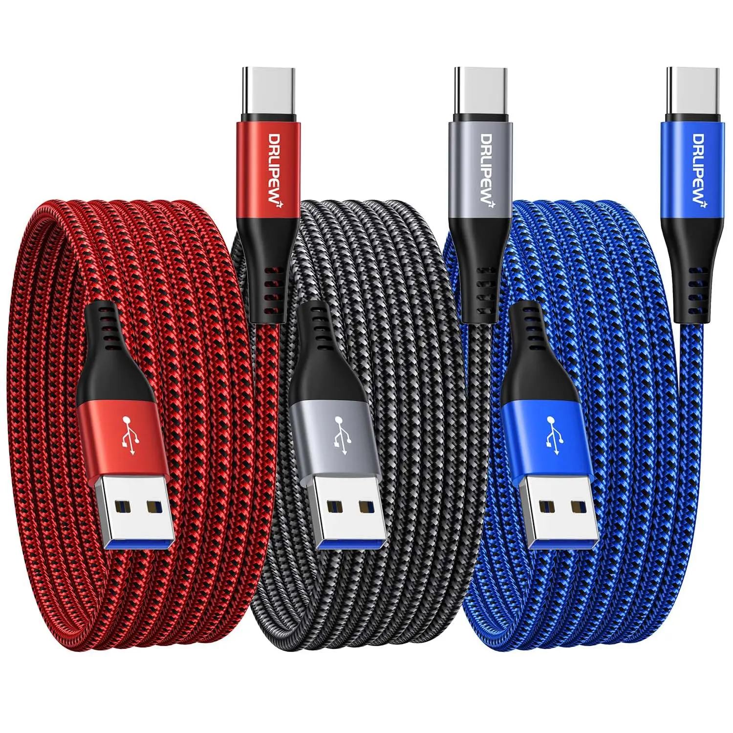 3-Pack 10ft Braided USB-C to USB Cable, Extra Long Electronic Fast Charging Cord for Mobile/Cellphone/Smartphone (Samsung Galaxy S20-S24 Ultra 5G, S10-S9, A20, A51-A52, A72), iPhone 15 Series, PS5, Switch