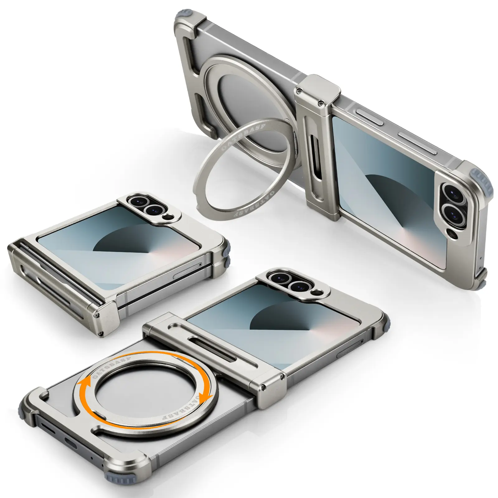 OATSBASF Bumper Case for Samsung Galaxy Z Flip 6/7 - Bezel-Less Minimalist Aluminum Slim Cover, 360 Rotation Magnetic Kickstand, Shockproof Metal Smartphone Protection