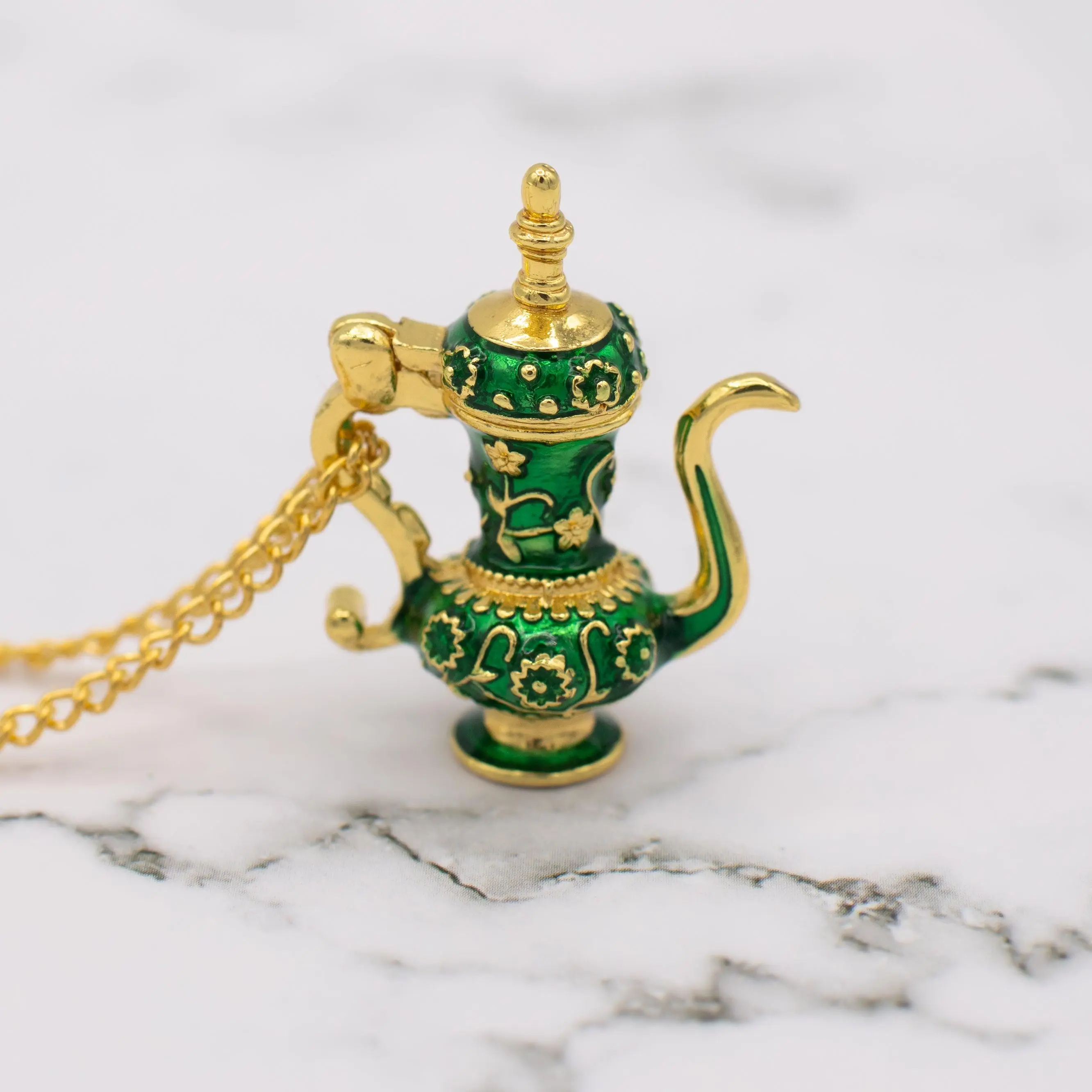 Green & Gold Arabic Style Teapot Locket Neckalce