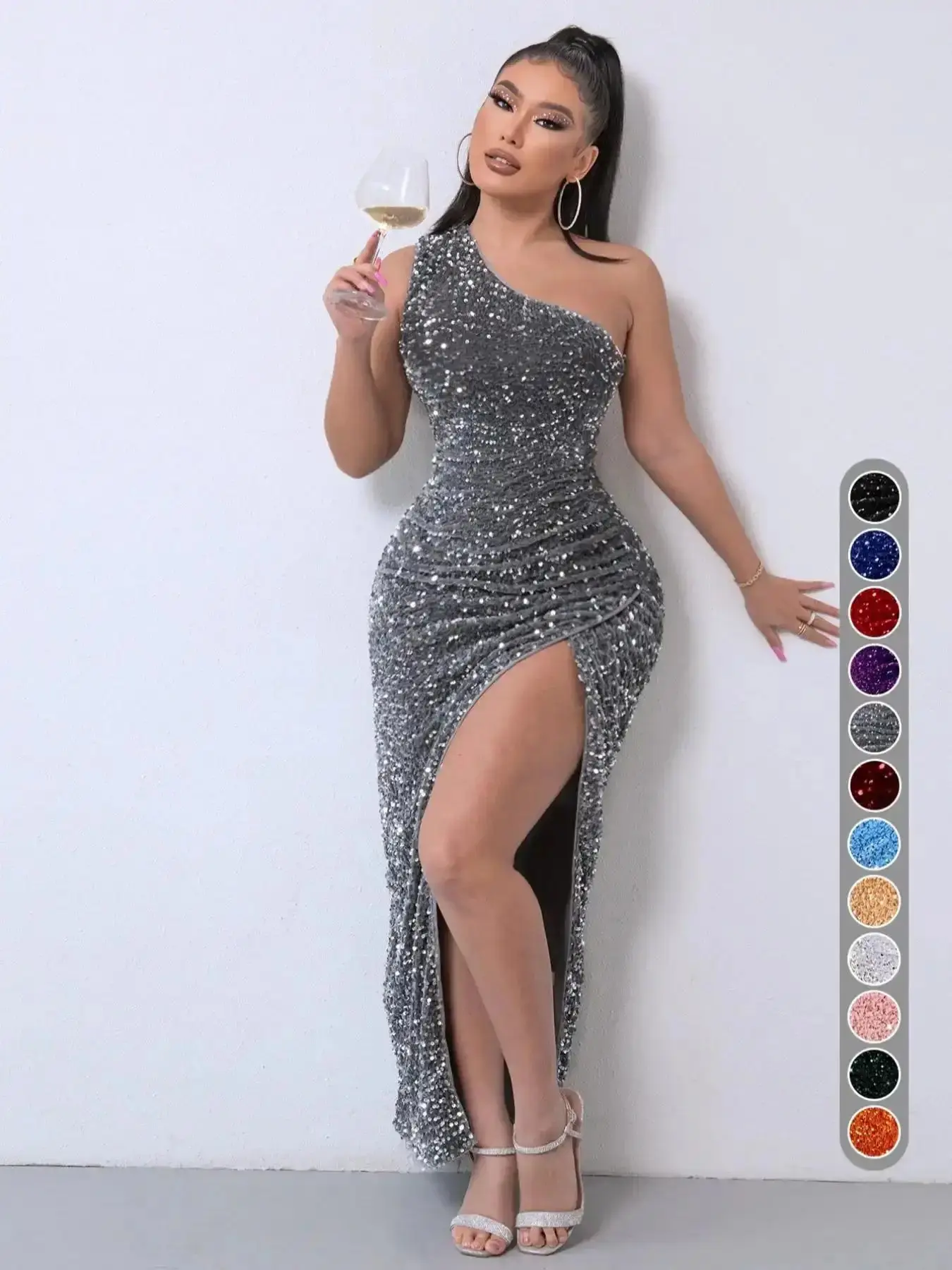 Women's Glitter Sequin One Shoulder Ruched Split Thigh Bodycon Dress, Figure Hugging Dress, Sleeveless Bodycon, Embellished Dress, Summer Dresses 2024, Chic Party Outfit, Sparkly Long Evening Gown, Lady Formal Wear, Y2K Clothing, Halloween, Gift