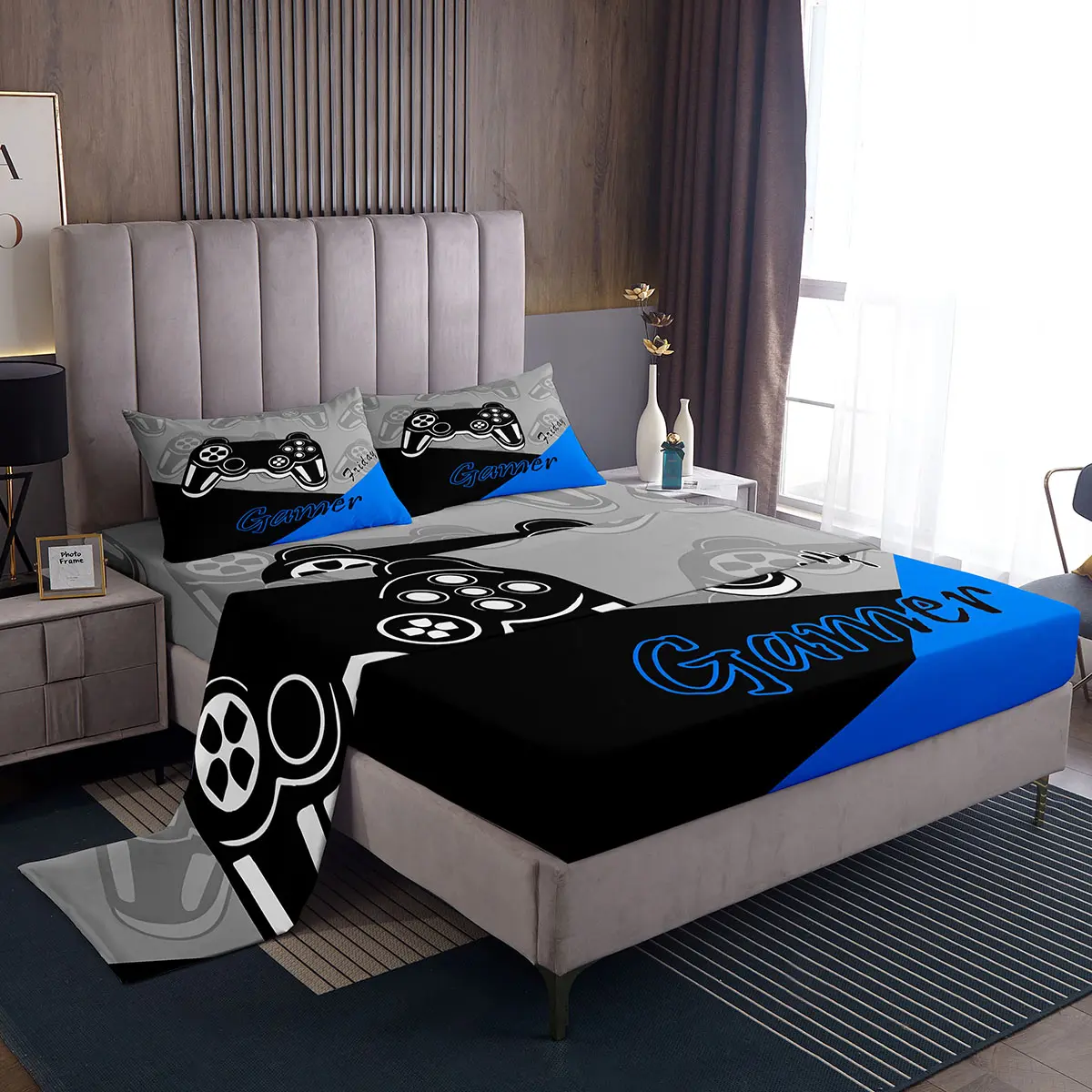 Feelyou Gamer Bedding Set - Video Game Controller Design, Twin/Full/Queen Size Soft Breathable Flat Sheet with Deep Pocket Fitted Sheet, Pillowcase, Soft Sheets