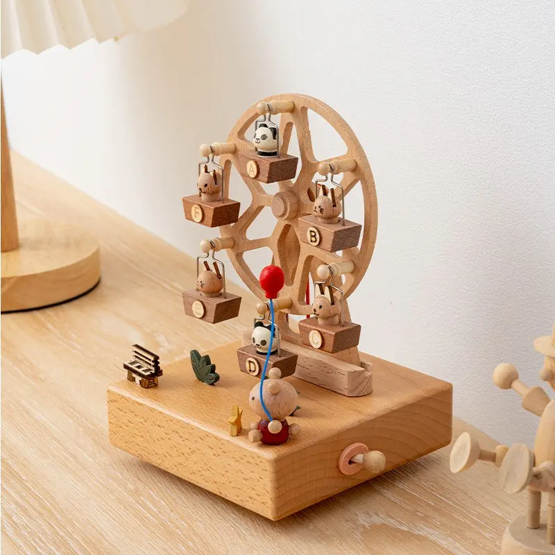 Simple Handcrafted Wooden Ferris Wheel Decorative Music Box, Clockwork Music Box, Healing Calming Desktop Musical Box, Elegant Design, Perfect Gift Idea, Ideal for Home Decor