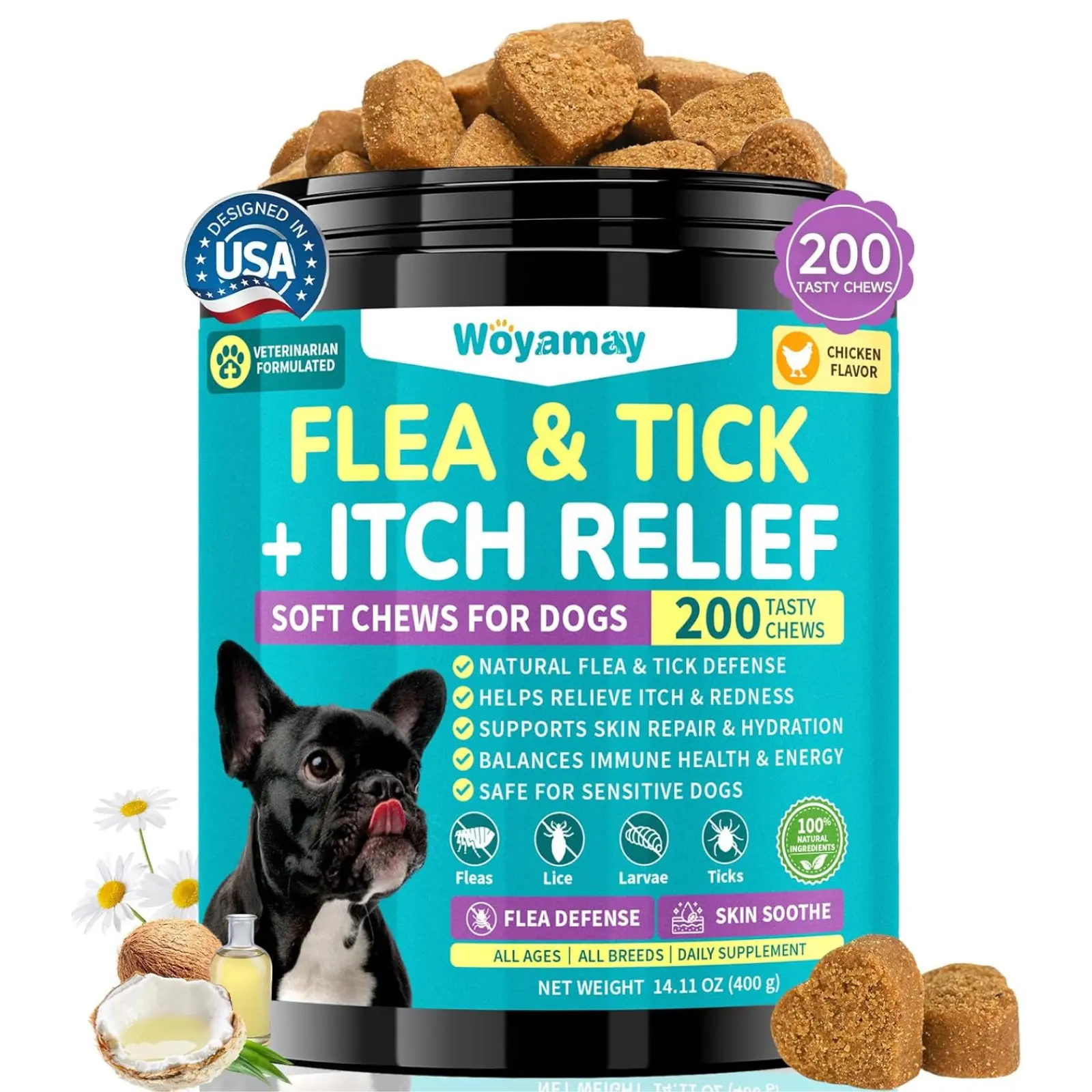 Woyamay Flea & Tick and Itch Prevention for Dogs, 200 Dogs Flea Chewables with Omega-3 Fish Oil Vitamin B for All Breeds Allergy Itching Skin Support, Chicken Flavor