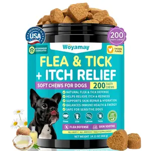 Woyamay Flea & Tick and Itch Prevention for Dogs, 200 Dogs Flea Chewables with Omega-3 Fish Oil Vitamin B for All Breeds Allergy Itching Skin Support, Chicken Flavor