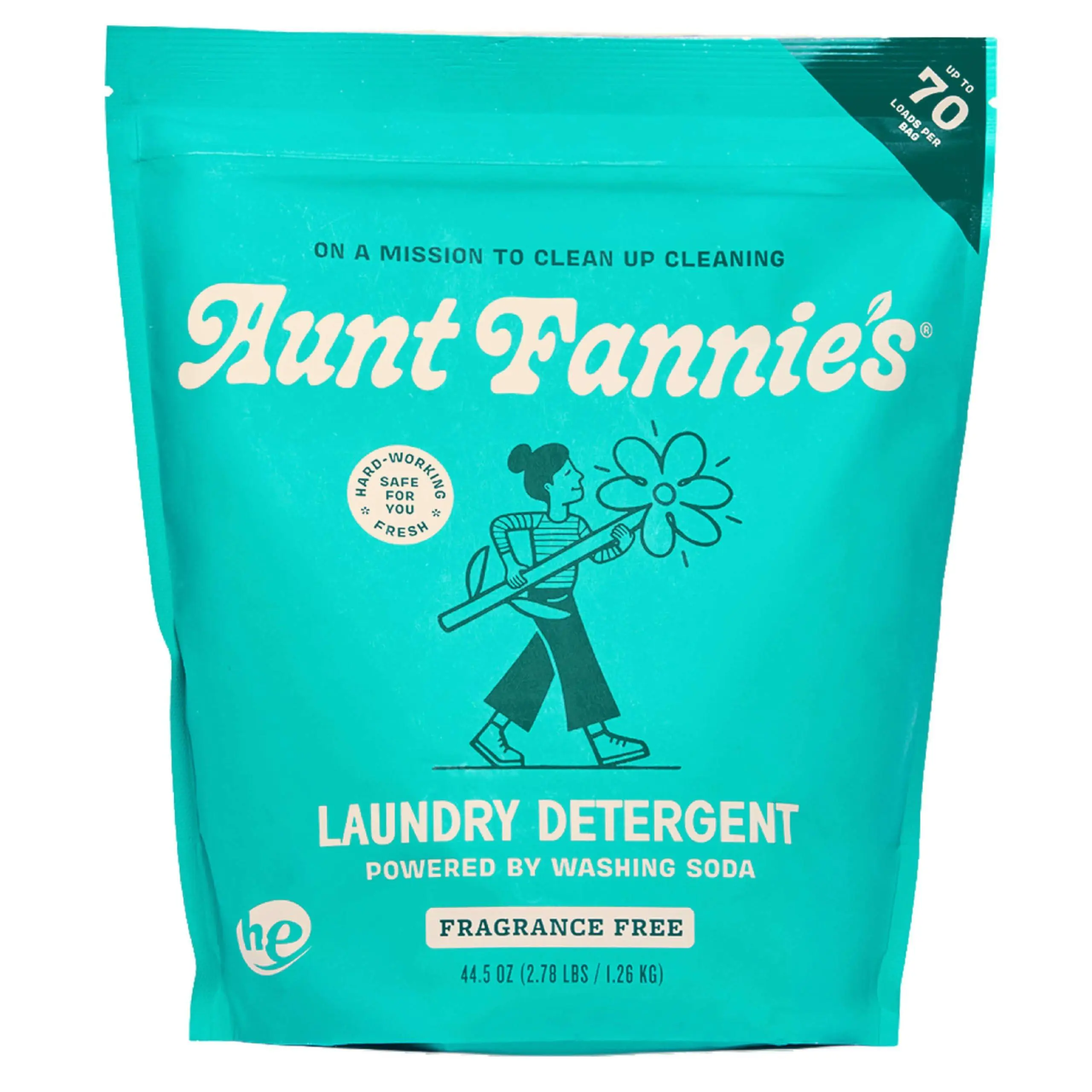 Aunt Fannie's Powder Laundry Detergent, Deep Cleaning, Plant Based, Natural Ingredients, 70 Loads Per Bag, Fragrance Free, 44 Oz