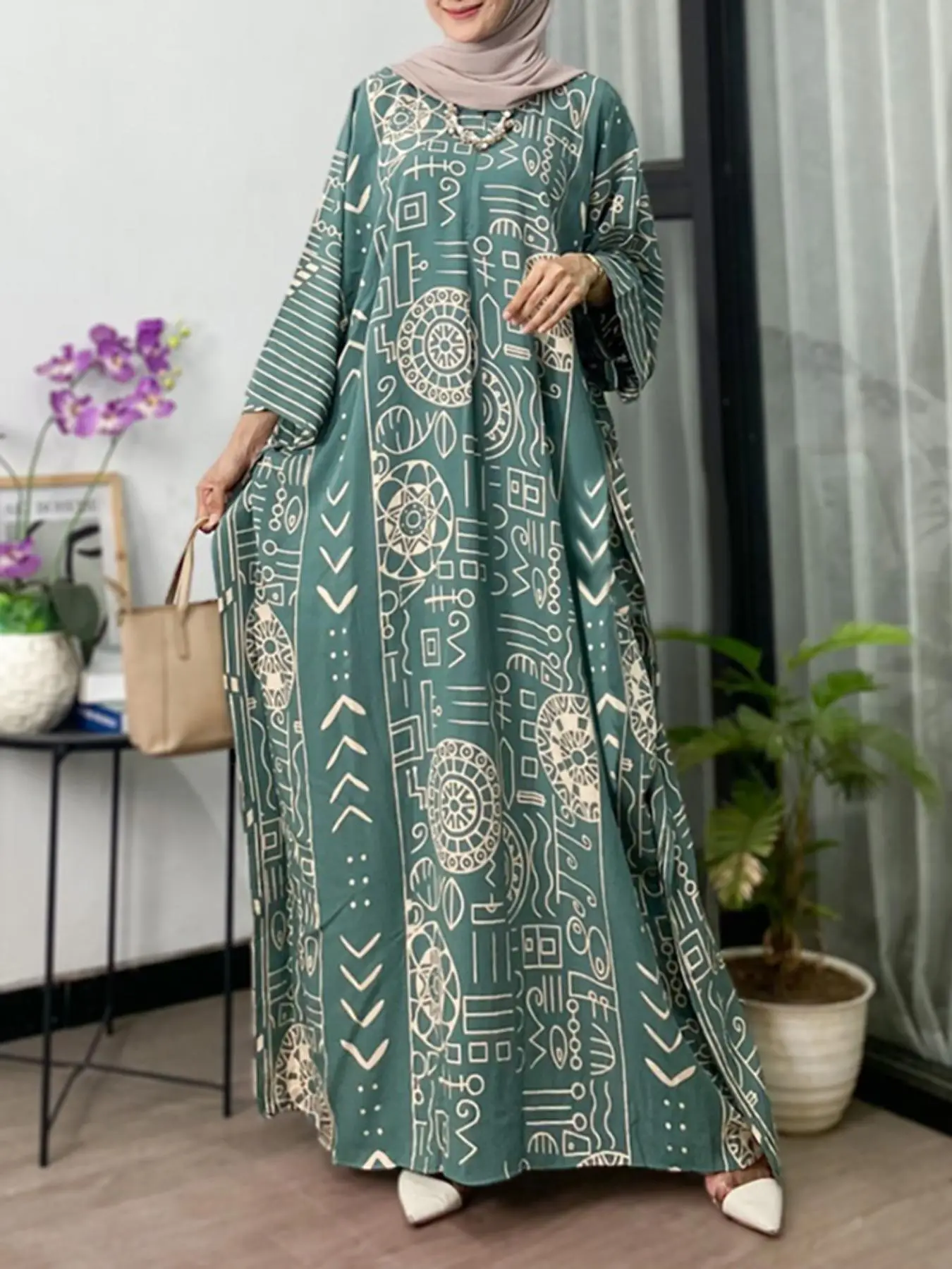 Women's All Over Print Keyhole Neckline Islamic Dress, Modest Casual Long Sleeve Maxi Dress for Daily Wear, Women's Islamic Clothing for Fall & Winter