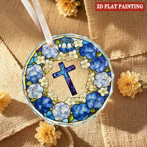 Stained Glass Cross Blue Hydrangea Acrylic Ornament 8x8cm, Christian Faith Floral Hanging Decor, Religious Gift for Home, Car, Christmas Tree, Baptism, Easter, Church Decoration