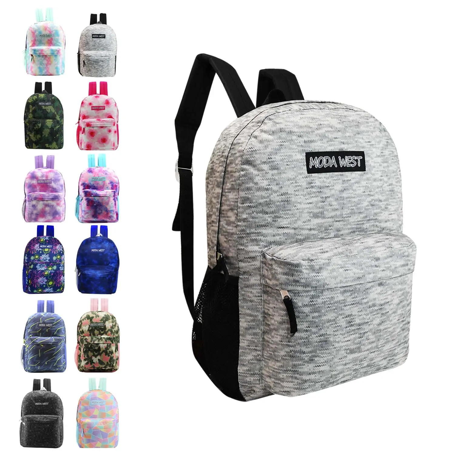 17" Patterned Wholesale Backpack in 12 Assorted Prints - Bulk Case of 24 Bookbags