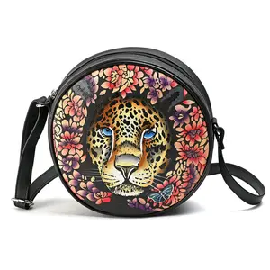 LA Marey Genuine Leather Handpainted Round Handbag with Detachable Shoulder Strap