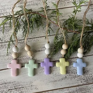 Pastel Cross Car Mirror Hangers - Christian Cross Hanging Ornament - Polymer Clay Cross Beaded Rear View Mirror Accessory - Cross Charm Gift