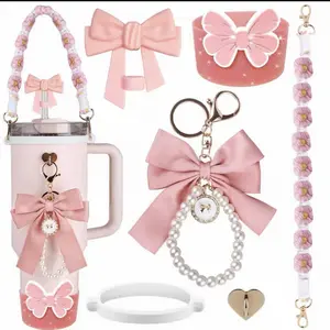Bling Cup Accessories for Stanley 30oz 40oz Tumbler with Handle, including Bow Straw Topper Cover, Straw Bow Decorate, Leather Water Bottle Handle Strap, Boot (Pink)