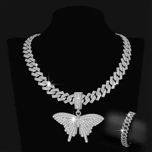 2Pcs Personalized Butterfly Pendant Necklace Ladies Bracelet New Popular Ice Crystal Shining Cuban Hip-hop Jewelry Fashion Valentine's Day Gift for Girlfriend Bestie Sister Mother