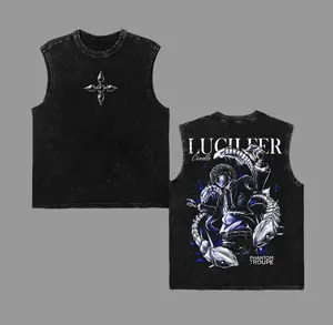Hunter x Hunter Chrollo Lucilfer Phantom Troupe Graphic Tee - Menswear Acid-Washed Sleeveless Vest, Seamless Oversized Ribbed Retro Distressed Street Style, Unisex Harajuku Casual Fitness Muscle Top