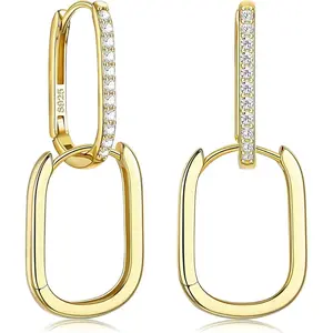ZELORES 1Pair Gold Cubic Zircon Hoop Earrings Silver Rectangle Huggie Hoop Earrings Lightweight Paperclip Link Chain Earrings for Women minimalist elegant fashion
