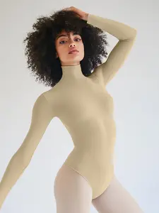 Long Sleeve Mock Neck Leotard - Light Tan