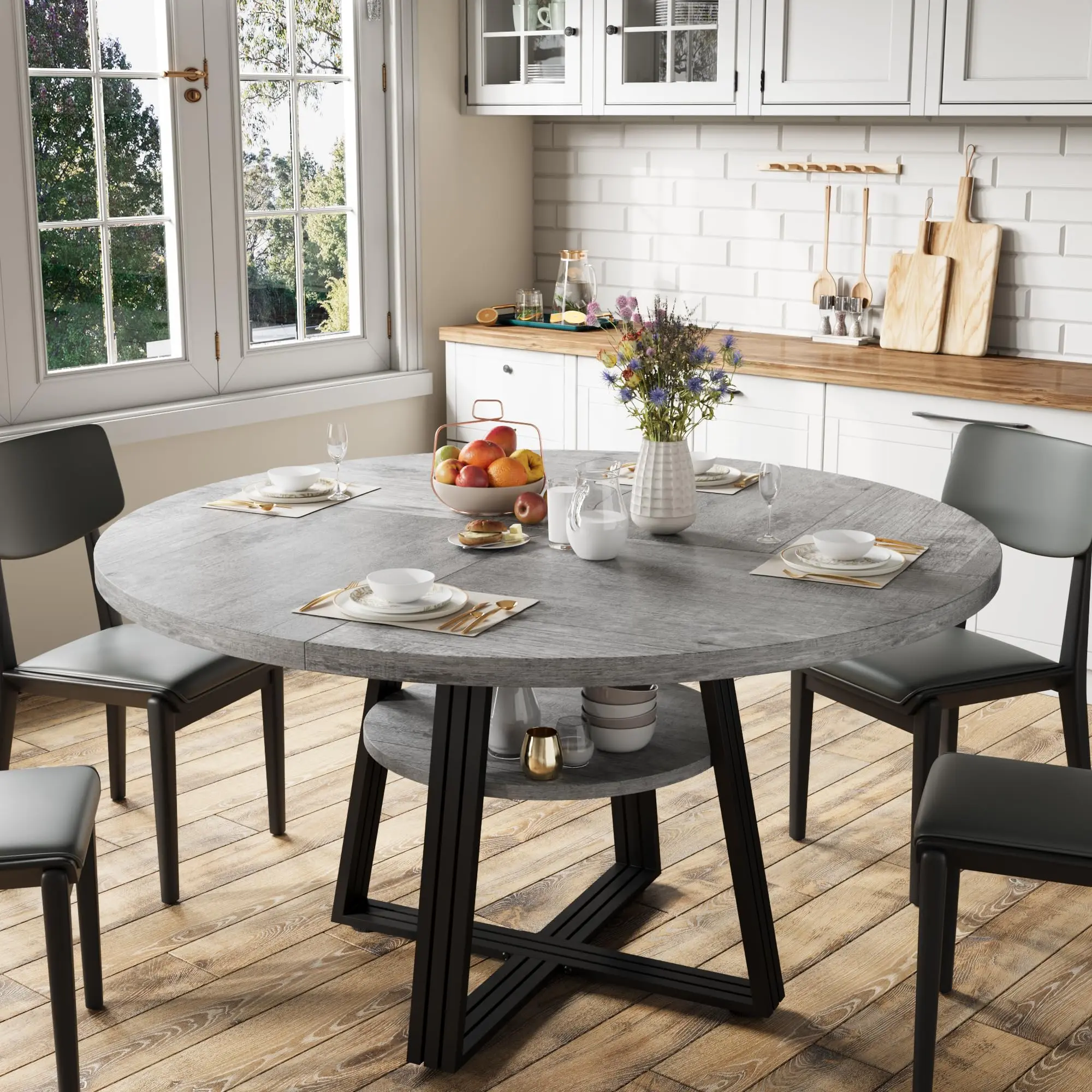 Farmhouse Round Dining Table for 4-6 – 47.2"/42" Modern Kitchen & Dining Table with Storage Shelf – Space-Saving Circle Table for Home, Apartment, Living Room – Grey/Black/Walnut